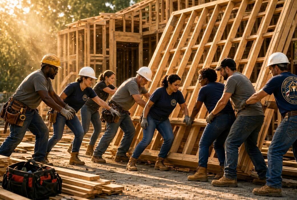 A line of volunteers in Connections for Heroes shirts and hard hats push a timber wall frame upright on a build site at golden hour, with a part-framed house behind them.