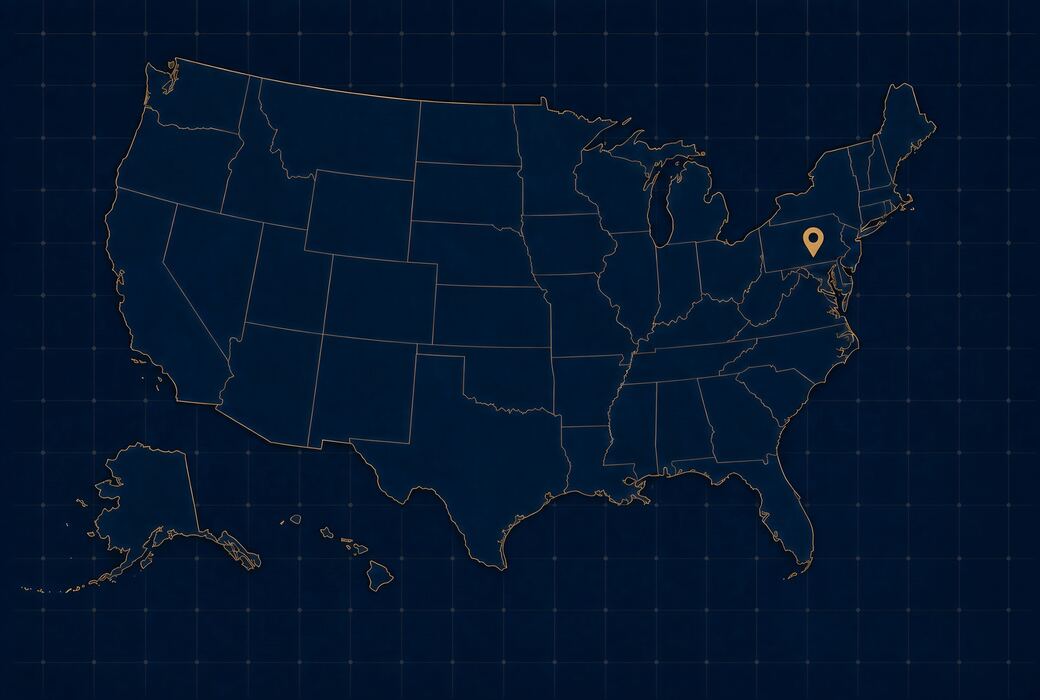 A map of the United States drawn in navy and gold, with a single gold pin marking the Connections for Heroes base of operations in southeastern Pennsylvania.