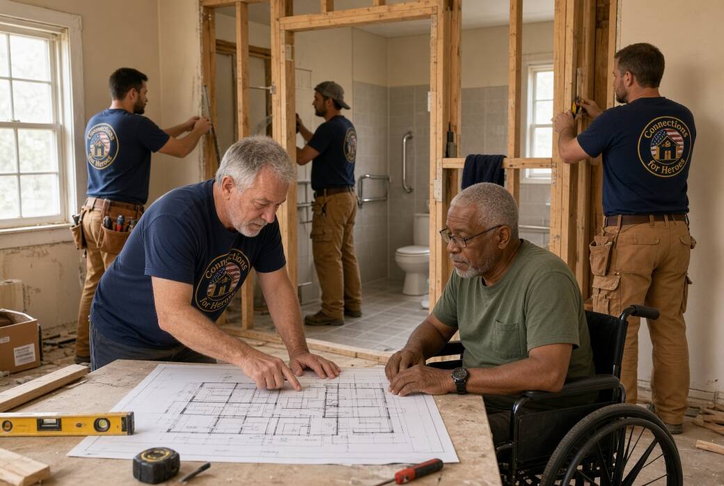 A crew in Connections for Heroes shirts frames a new accessible bathroom while the homeowner, seated in a wheelchair, reviews the blueprints with the site lead.