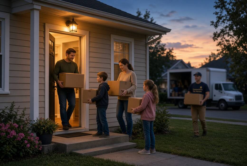 A family carries moving boxes through the front door of a modest single-family home at dusk, porch light glowing, a Connections for Heroes truck unloading at the kerb.