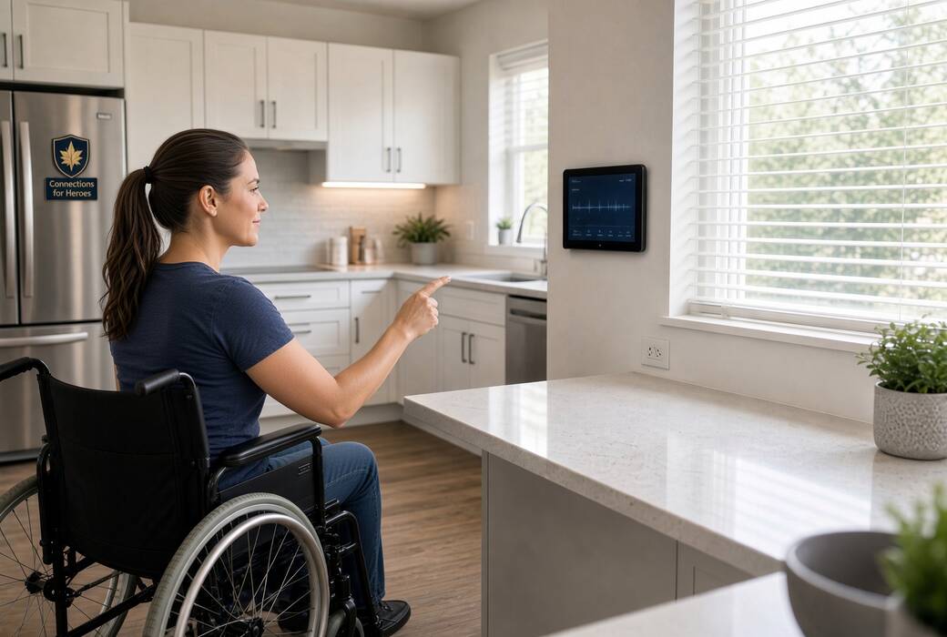 A woman reaches from her wheelchair to a wall-mounted smart-home panel in a bright kitchen with lowered counters and a zero-step entry.