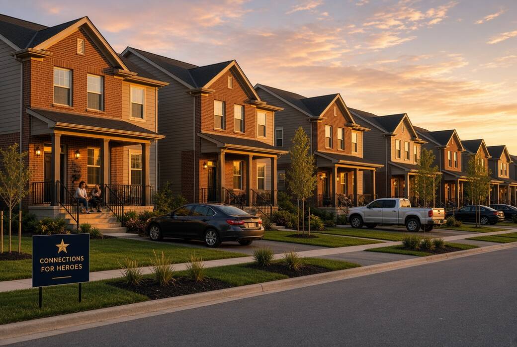A completed row of brick townhomes at golden hour with a Connections for Heroes sign on the lawn, newly developed as housing for veterans and first responders.