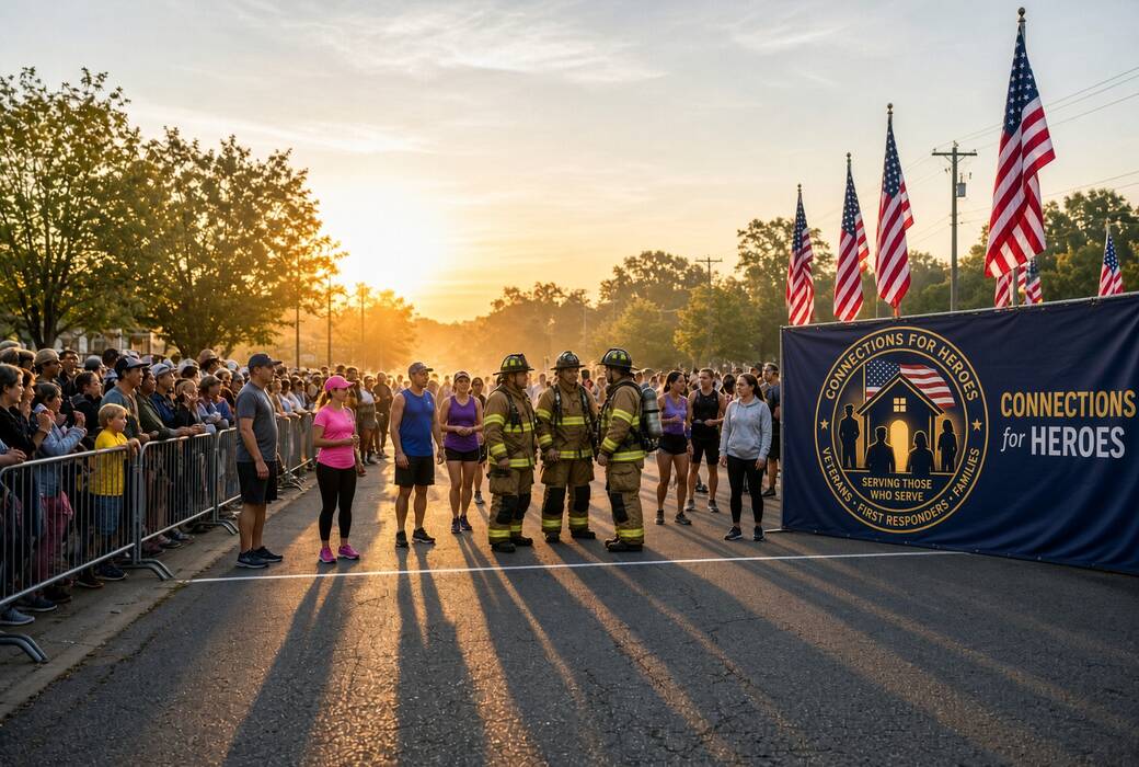 Runners, firefighters in full turnout gear, and cheering families at the sunrise start line of a community 5K, beside a Connections for Heroes banner and a row of American flags.