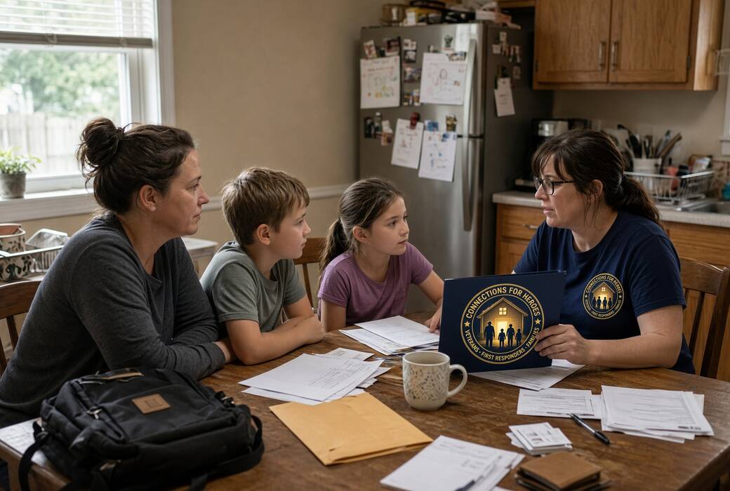 A mother and her two children sit at their kitchen table with a Connections for Heroes case manager, paperwork and coffee spread between them.