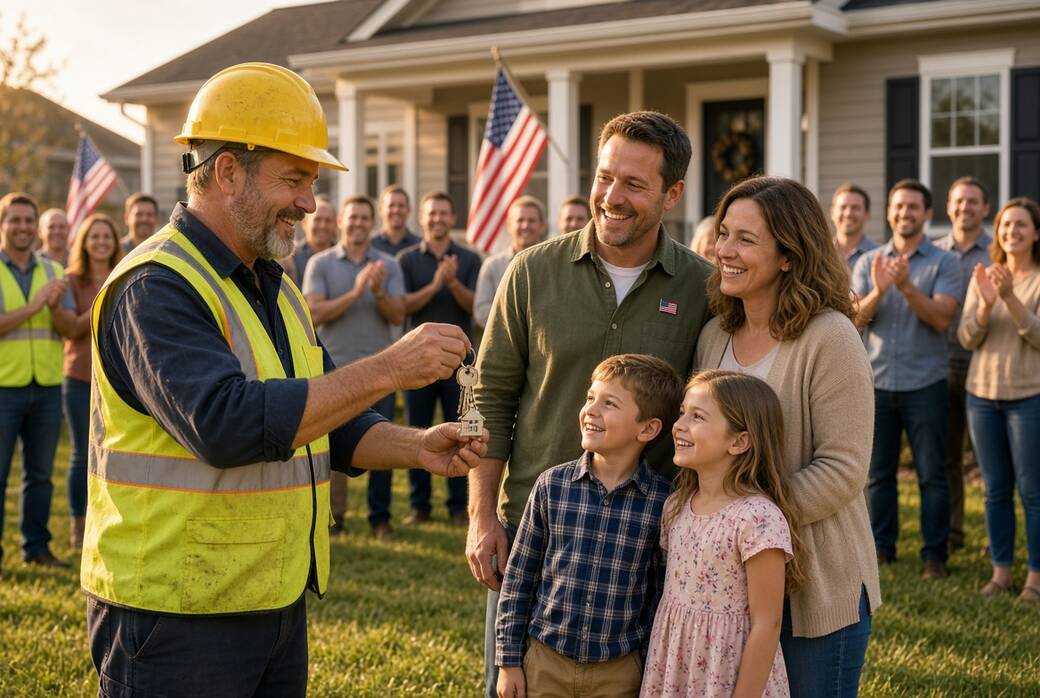 A Connections for Heroes crew member in a hard hat and safety vest hands house keys to a veteran, his wife, and their two children on the front lawn of a finished home while neighbours applaud behind them.